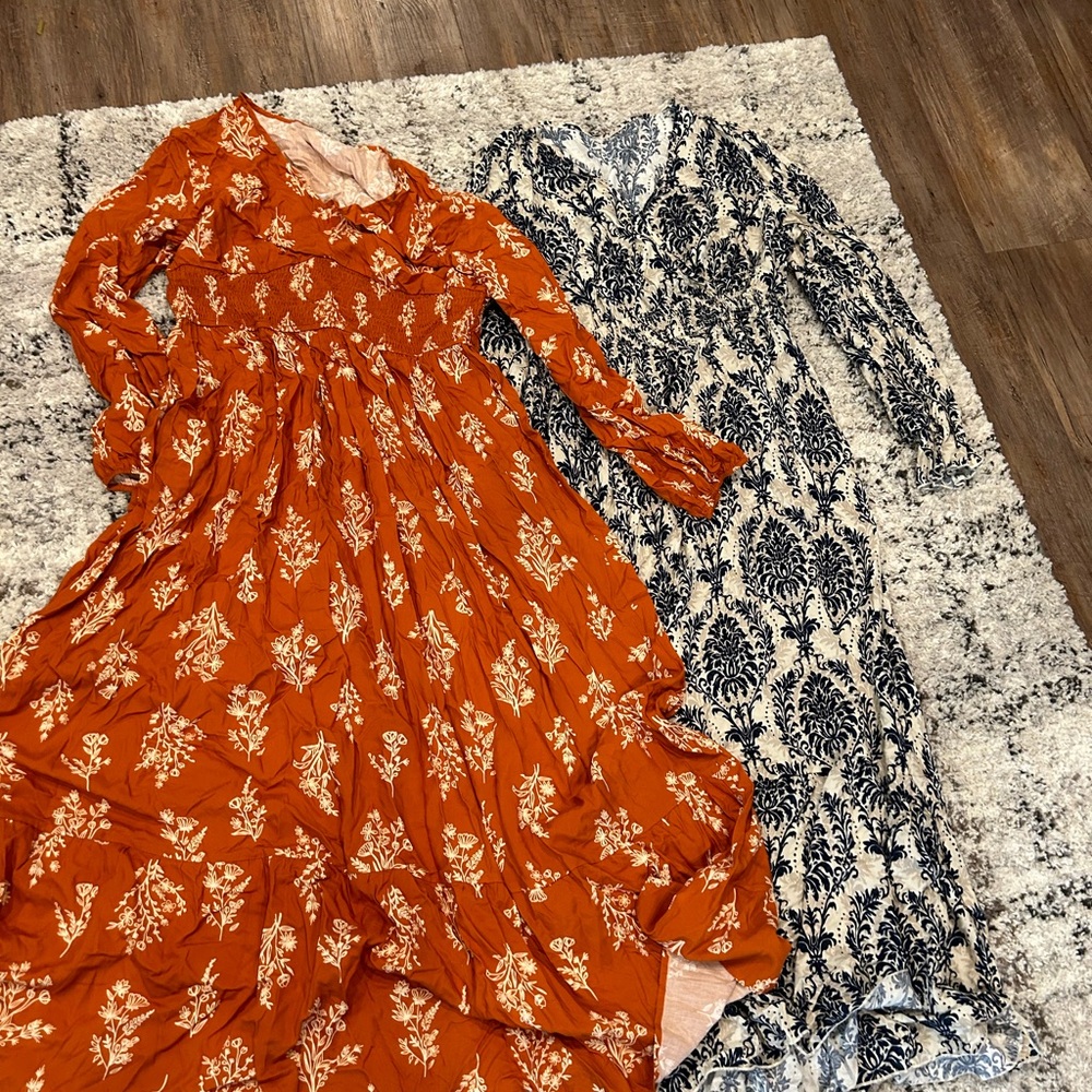 Cupshe Orange Smocked Maxi Dress with Bishop Sleeves and Blue and Tan Dress